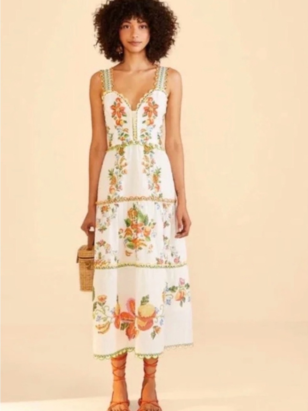 FARM Rio Mixed Tropical Romance Midi Dress in white with colorful embroidery